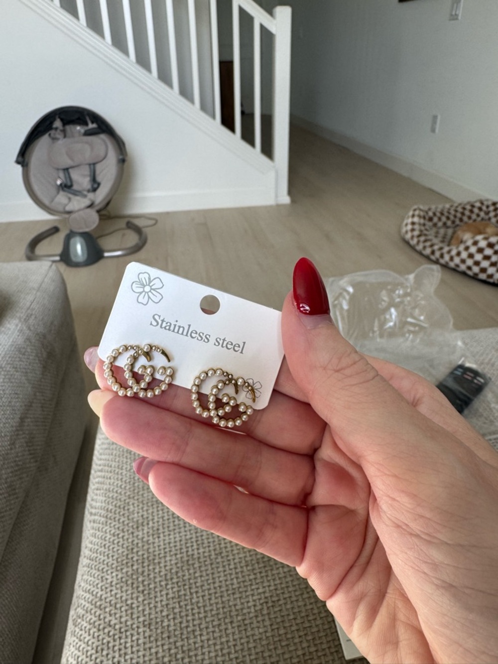 Gold Pearl Double-Circle Stud Earrings - Stainless Steel